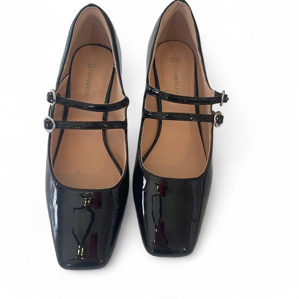 Newbella Black Patent Double Strap Mary Jane Square Toe Blockā Heels Size 6